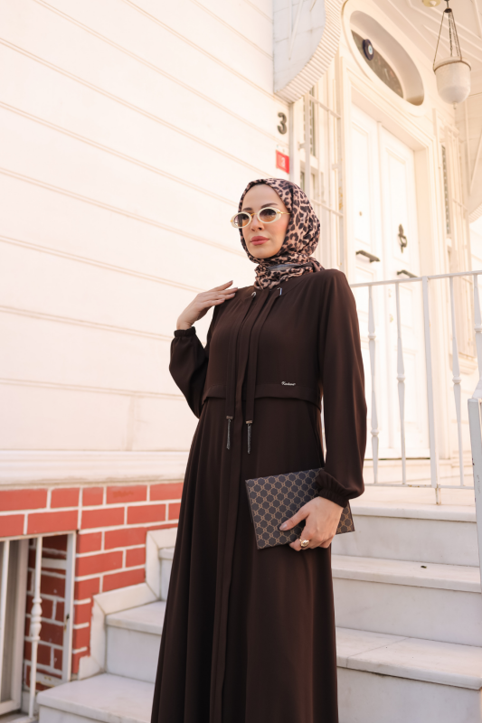 Allerli Kiloş Bağcıklı Ferace Kahverengi - 9041 - 16