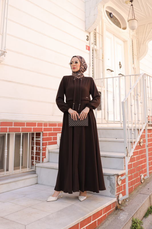 Allerli Kiloş Bağcıklı Ferace Kahverengi - 9041 - 18