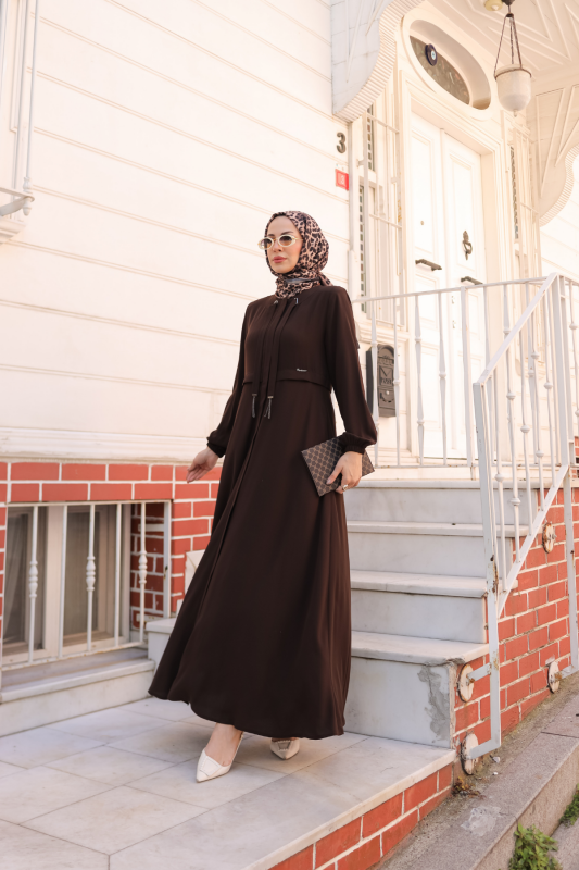Allerli Kiloş Bağcıklı Ferace Kahverengi - 9041 - 1