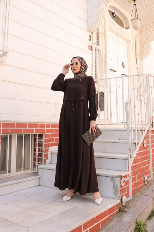 Allerli Kiloş Bağcıklı Ferace Kahverengi - 9041 - 7