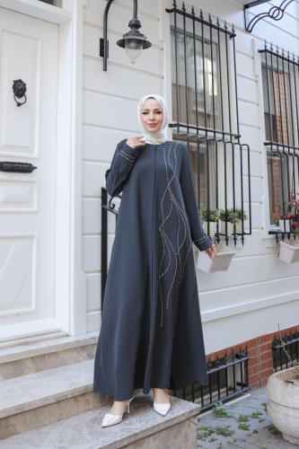 Asalet Taşlı Ferace Füme - 9043 - Kadeem Giyim