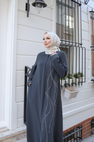 Asalet Taşlı Ferace Füme - 9043 - Kadeem Giyim (1)