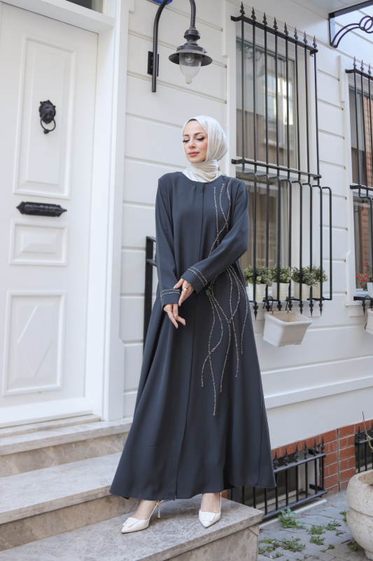 Asalet Taşlı Ferace Füme - 9043 - 3