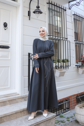 Asalet Taşlı Ferace Füme - 9043 - 5