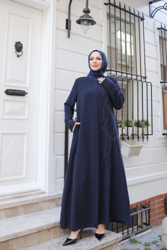 Asalet Taşlı Ferace Lacivert - 9043 - Kadeem Giyim