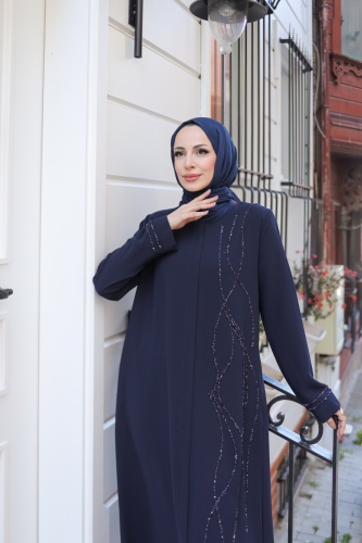 Asalet Taşlı Ferace Lacivert - 9043 - Kadeem Giyim (1)