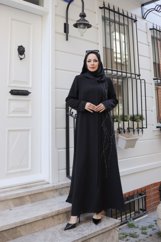 Asalet Taşlı Ferace Siyah - 9043 - Kadeem Giyim