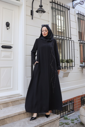 Asalet Taşlı Ferace Siyah - 9043 - Kadeem Giyim (1)