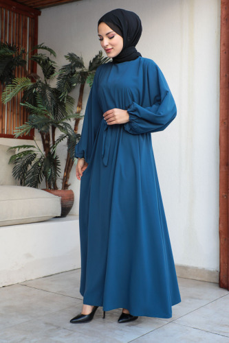 Balon kol lastikli standart elbise İndigo- 9021 - Kadeem Giyim