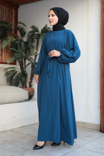 Balon kol lastikli standart elbise İndigo- 9021 - Kadeem Giyim (1)