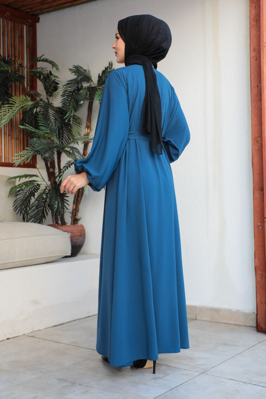 Balon kol lastikli standart elbise İndigo- 9021 - 3