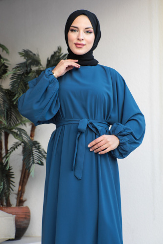 Balon kol lastikli standart elbise İndigo- 9021 - 4