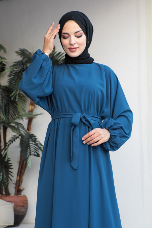 Balon kol lastikli standart elbise İndigo- 9021 - 5