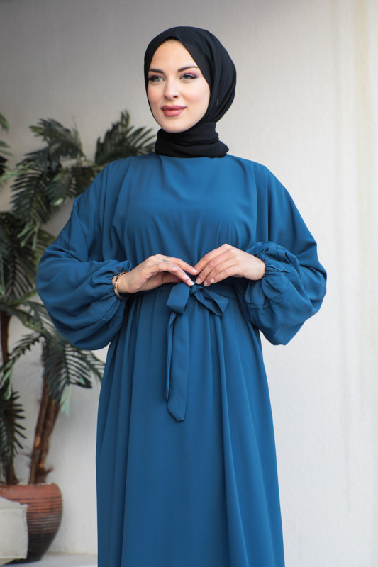 Balon kol lastikli standart elbise İndigo- 9021 - 6