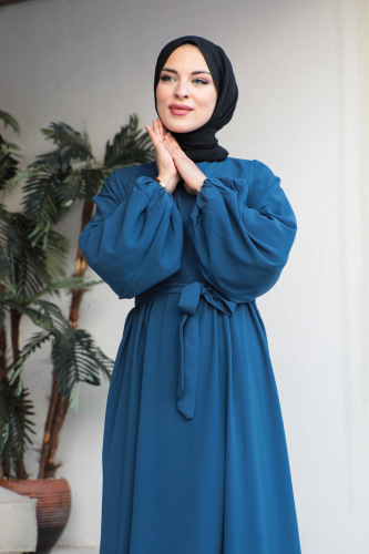 Balon kol lastikli standart elbise İndigo- 9021 - 7