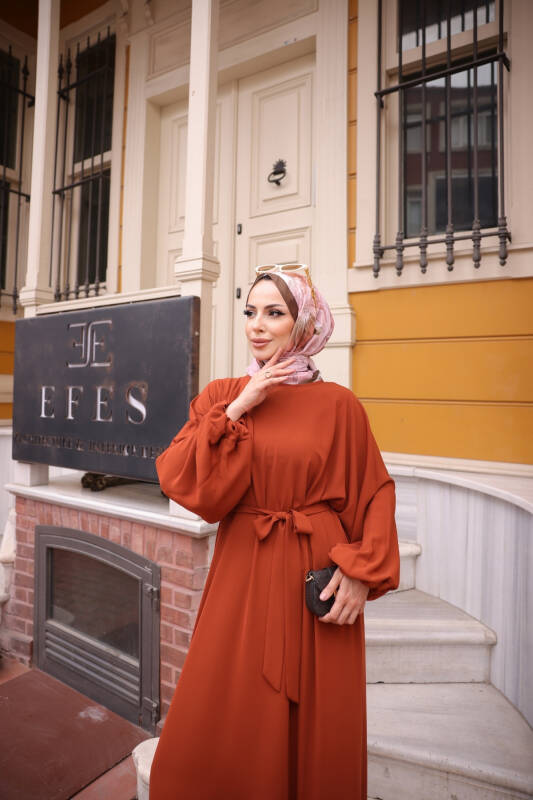 Balon kol lastikli standart elbise Kiremit - 9021 - 2