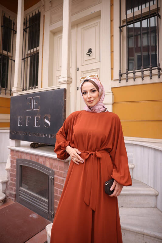 Balon kol lastikli standart elbise Kiremit - 9021 - 5