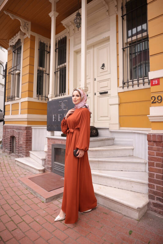 Balon kol lastikli standart elbise Kiremit - 9021 - 6