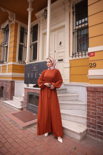 Balon kol lastikli standart elbise Kiremit - 9021 