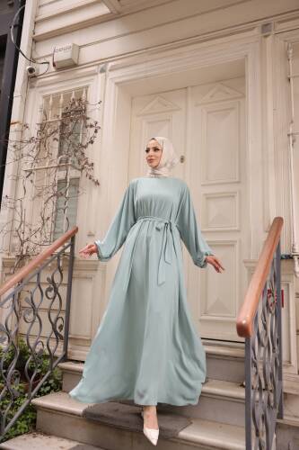 Balon kol lastikli standart elbise Mint Yeşili - 9021 