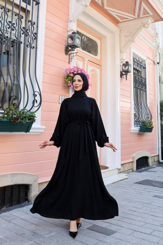 Balon kol lastikli standart elbise Siyah - 9021 - 1