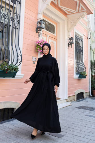 Balon kol lastikli standart elbise Siyah - 9021 - 5