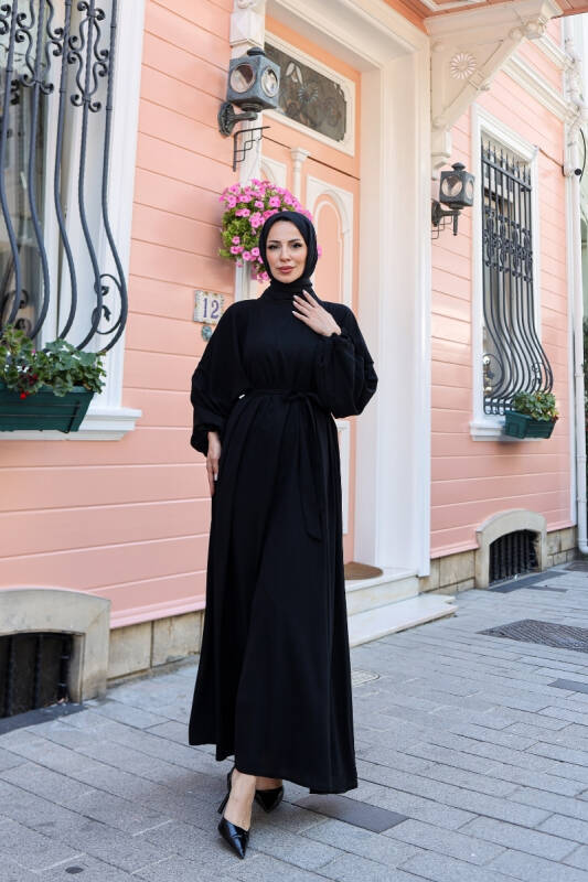 Balon kol lastikli standart elbise Siyah - 9021 - 6