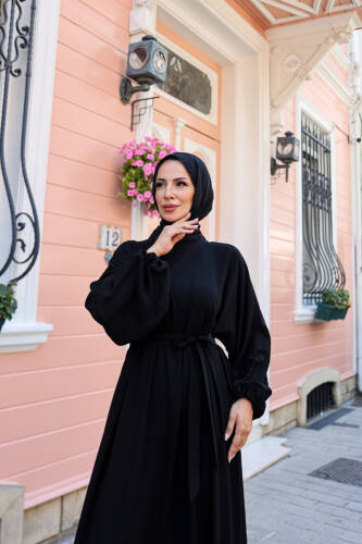 Balon kol lastikli standart elbise Siyah - 9021 - 2