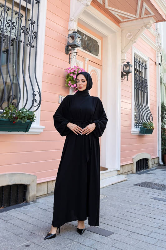 Balon kol lastikli standart elbise Siyah - 9021 - 8