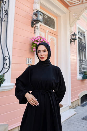 Balon kol lastikli standart elbise Siyah - 9021 - 9