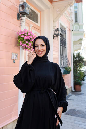 Balon kol lastikli standart elbise Siyah - 9021 - 11
