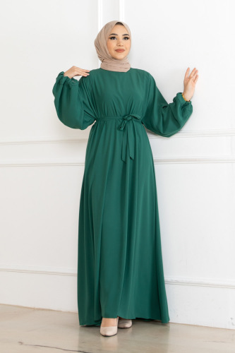 Balon kol lastikli standart elbise Yeşil- 9021 - Kadeem Giyim