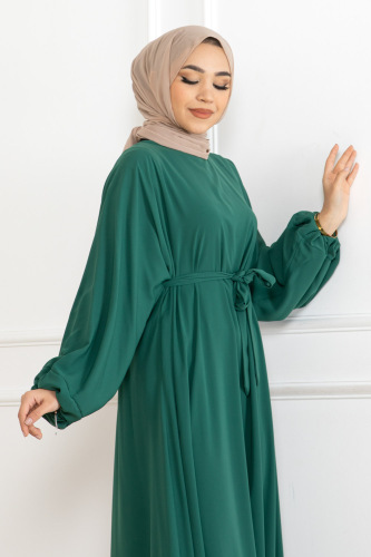 Balon kol lastikli standart elbise Yeşil- 9021 - Kadeem Giyim (1)
