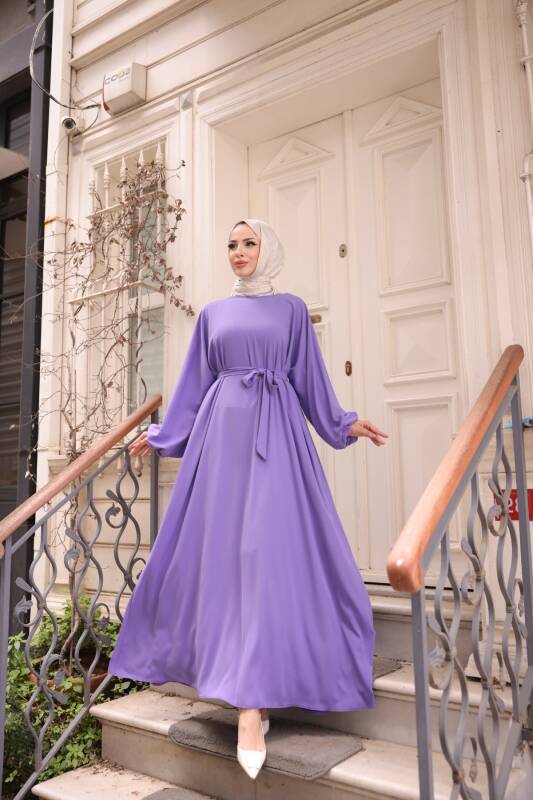 Balon kol standart elbise Lila - 9021 - 1