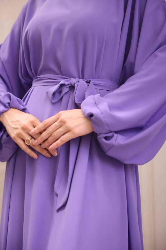 Balon kol standart elbise Lila - 9021 - 3