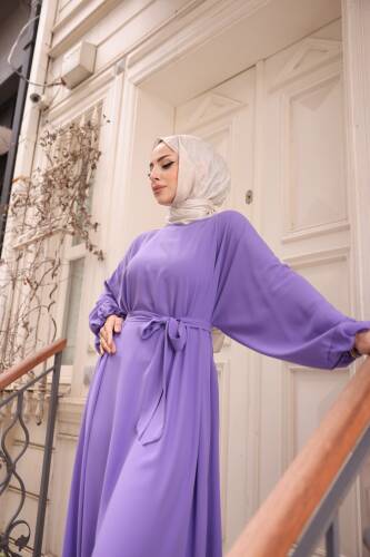 Balon kol standart elbise Lila - 9021 - 4