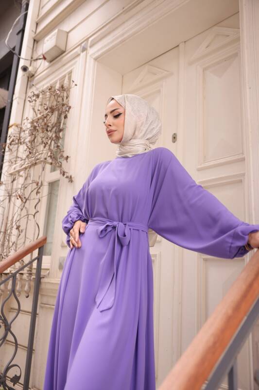 Balon kol standart elbise Lila - 9021 - 4
