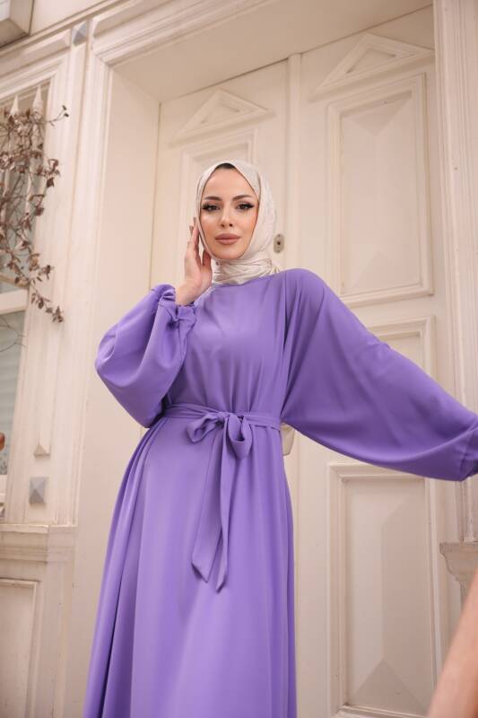 Balon kol standart elbise Lila - 9021 - 5