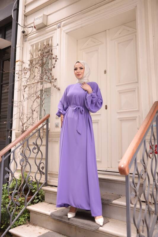 Balon kol standart elbise Lila - 9021 - 6