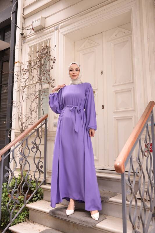 Balon kol standart elbise Lila - 9021 - 7