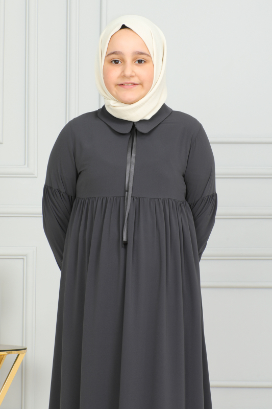Bebe Yaka Büzgülü Çocuk Elbise Füme - 4006 - 1