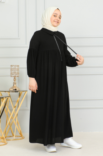 Bebe Yaka Büzgülü Çocuk Elbise Siyah-4006 - 6