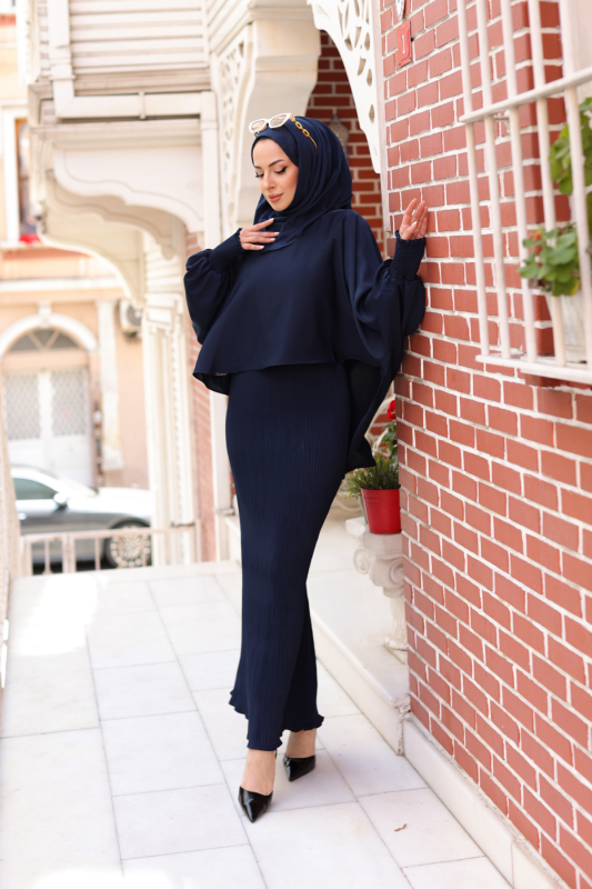 Elegant Dubai İpeği Pelerin Takım Lacivert-8014 - 2