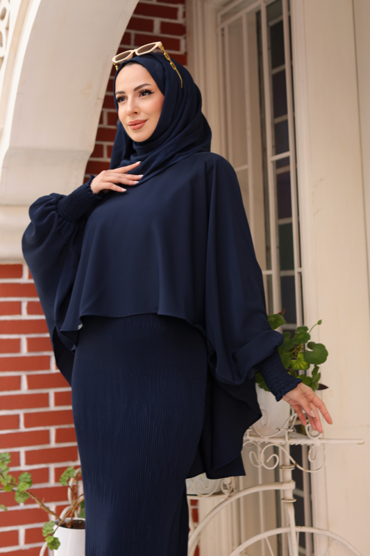 Elegant Dubai İpeği Pelerin Takım Lacivert-8014 - 4