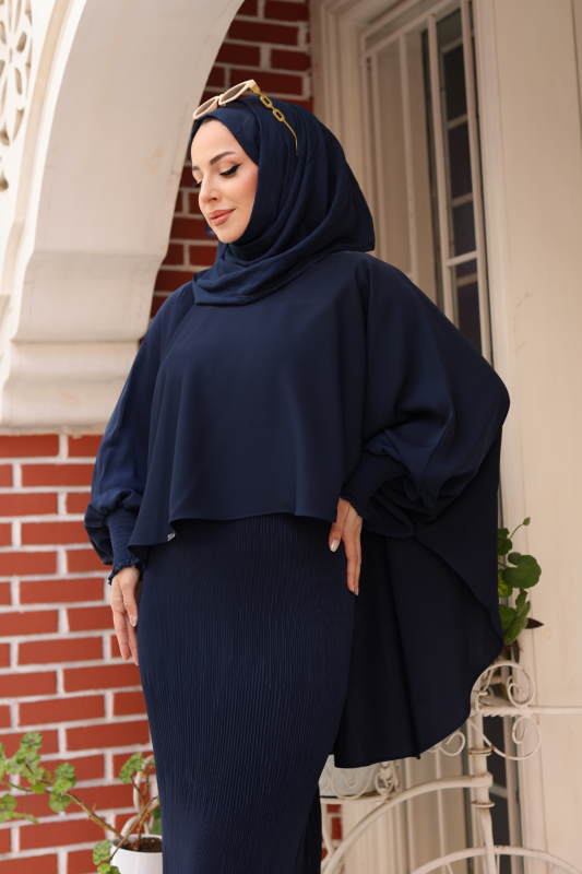 Elegant Dubai İpeği Pelerin Takım Lacivert-8014 - 7