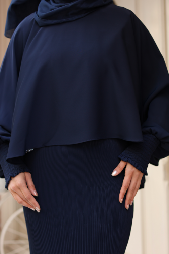 Elegant Dubai İpeği Pelerin Takım Lacivert-8014 - 8