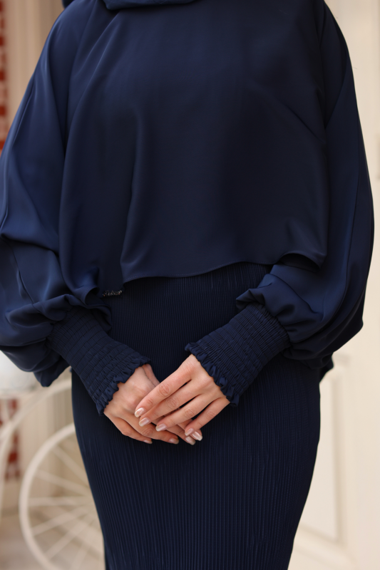 Elegant Dubai İpeği Pelerin Takım Lacivert-8014 - 9