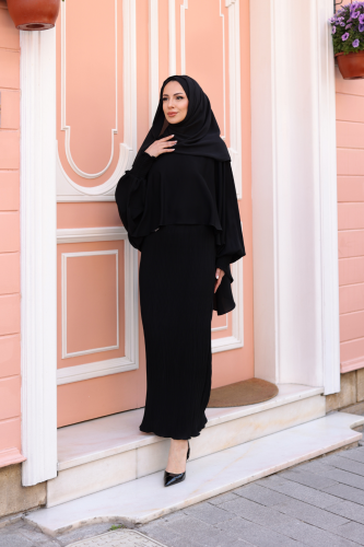 Elegant Dubai İpeği Pelerin Takım Siyah-8014 
