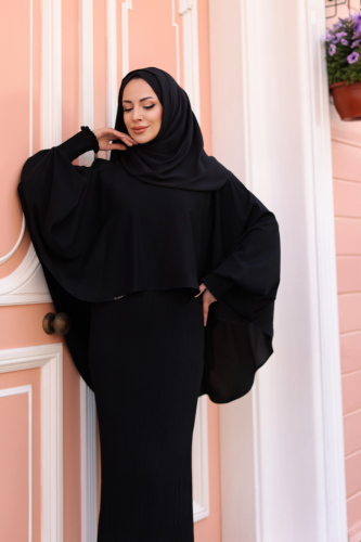 Elegant Dubai İpeği Pelerin Takım Siyah-8014 - Kadeem Giyim (1)