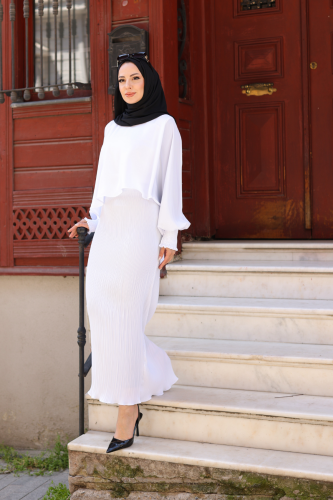 Elegant Dubai İpeği Pelerin Takım Beyaz-8014 - Kadeem Giyim